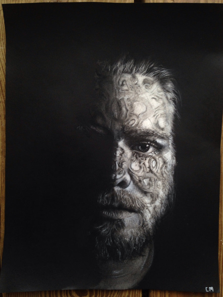 This Self-portrait is a one of a kind original Charcoal drawing by Collin Margerum. It is mono chromatic with only half of his face appearing in the light beautiful Scandinavian rose It is mono chromatic with only half of his face appearing in the light